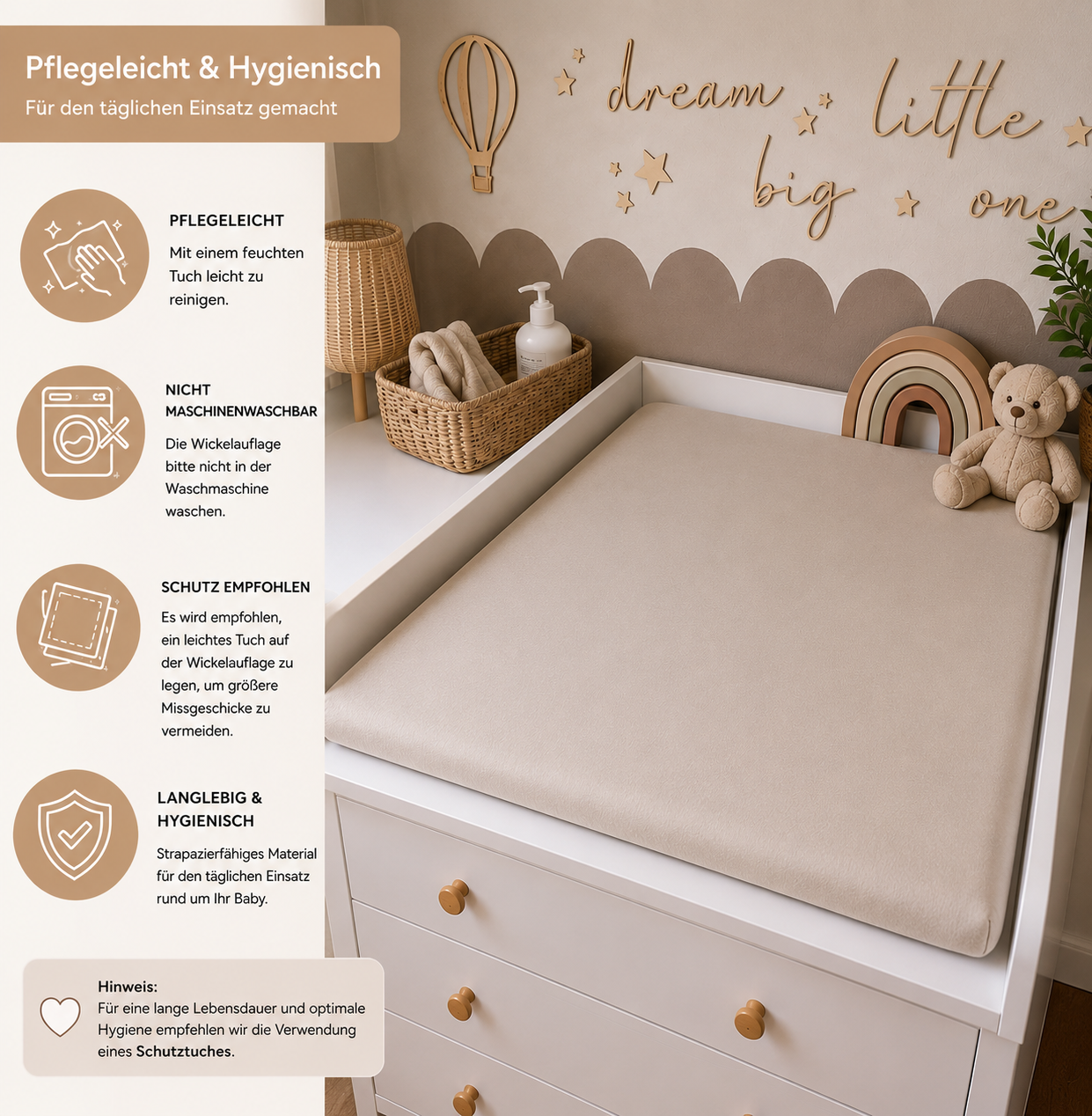 Wasserabweisende Wickelauflage von AnTalin in hellbeige, weiche und praktische Wickelunterlage für Babys.