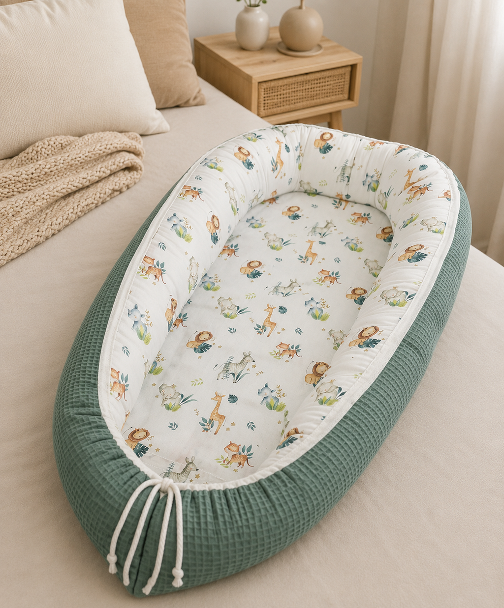 Nestchen Safari Liebe von AnTalin, weiches und buntes Nestchen mit Safari-Motiven für Babybetten, schützt und schmückt das Kinderzimmer.