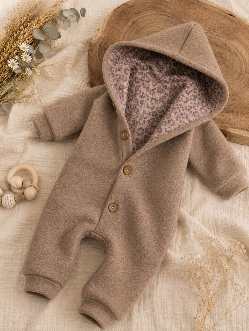 Walk Overall mit Kaputze - kuscheliger Einteiler mit Leo-Innenfutter Taupe