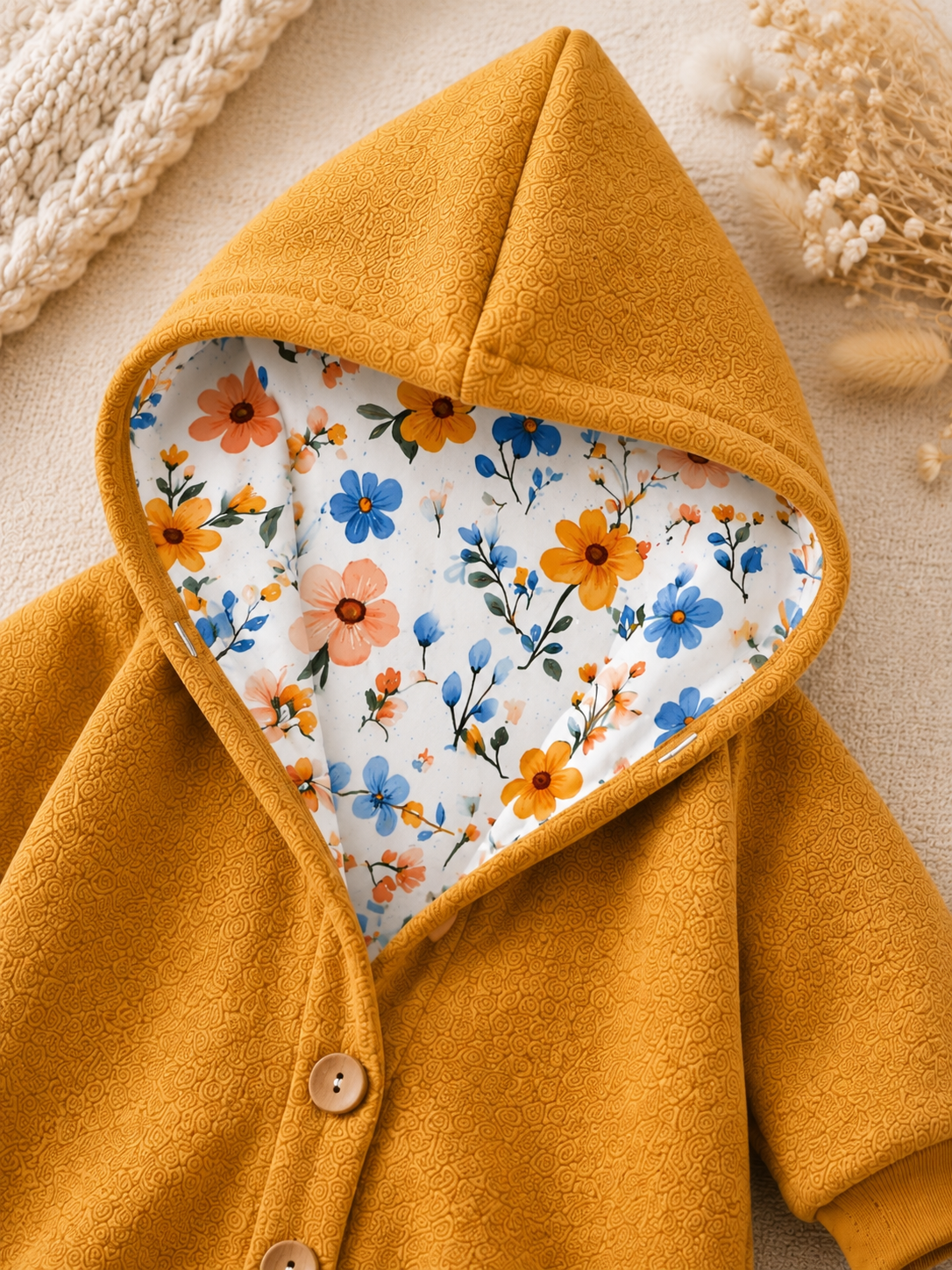 Walkjacke  mit Kaputze - gefütterte Walk-Jacke mit floralem Innenfutter Wildblumen