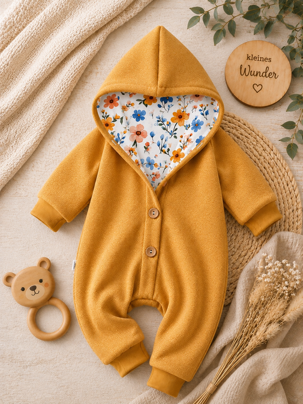 Walk Overall mit Kaputze - kuscheliger Einteiler mit floralem Innenfutter Wildblumen