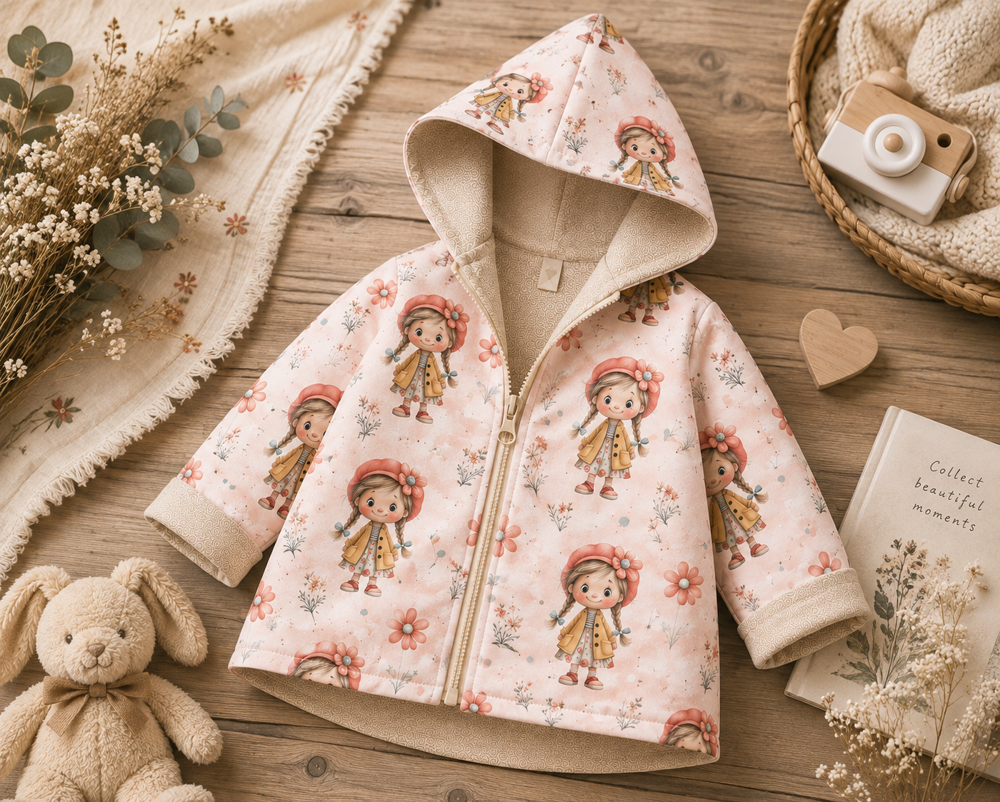 Kinder-Softshelljacke mit Kapuze von AnTalin, Blumenmädchen-Design, leichte, wetterfeste Jacke für Kinder, detailreiche Blumenmuster