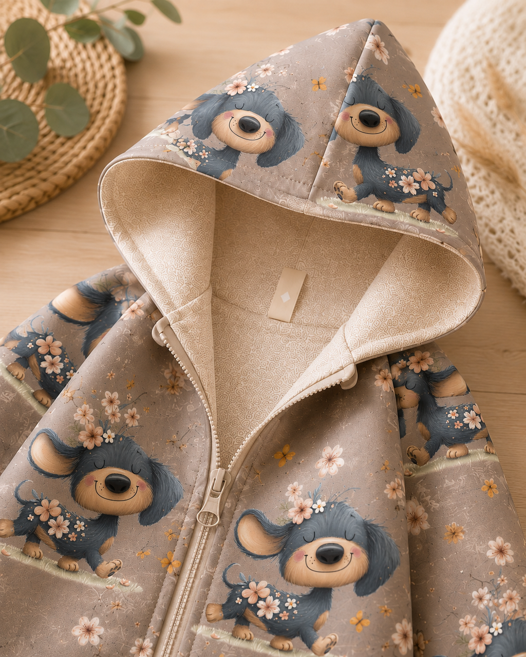 Kinder-Softshelljacke mit Kapuze von AnTalin, mit Dackel-Motiv, wasserabweisend, bequem und ideal für Kinder im Frühling und Herbst.