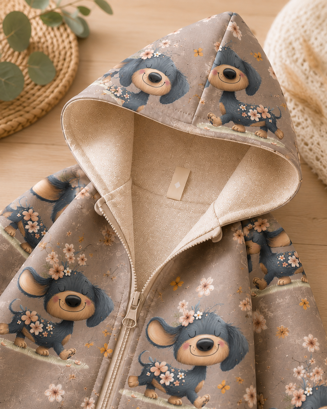 Kinder-Softshelljacke mit Kapuze von AnTalin, mit Dackel-Motiv, wasserabweisend, bequem und ideal für Kinder im Frühling und Herbst.