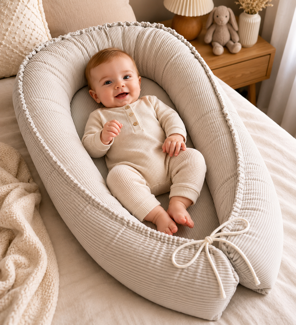 Beiges Babynest Cord von AnTalin, weiches Nestchen mit Stoffumrandung für sicheren Komfort im Babybett.