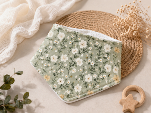 Handgefertigtes Salbeiblüte Dreieckstuch für Babys und Kleinkinder mit Blumenmotiv, von AnTalin, weiche Baumwollqualität
