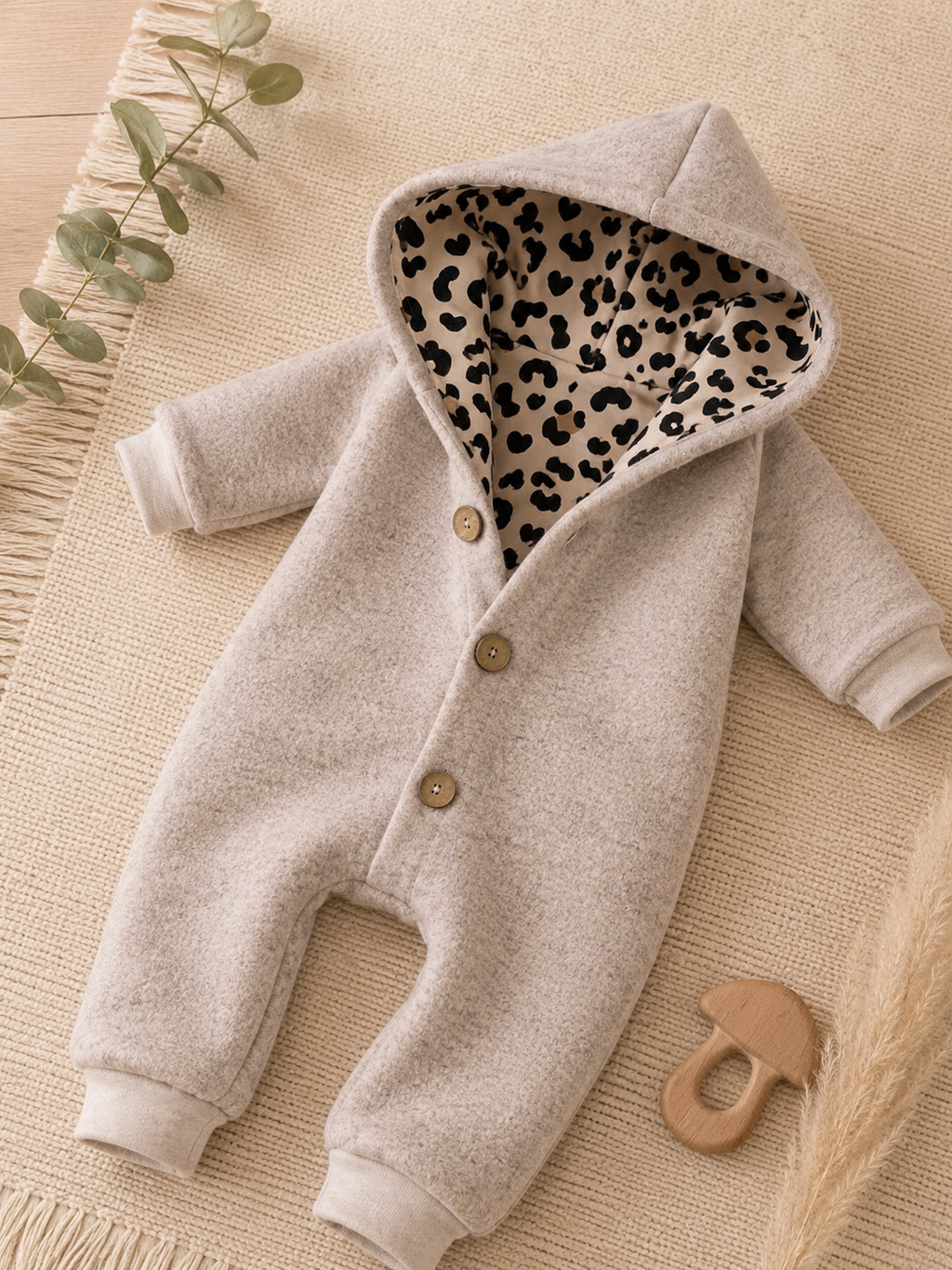 Walk Overall mit Kaputze - kuscheliger Einteiler mit Leo-Innenfutter beige