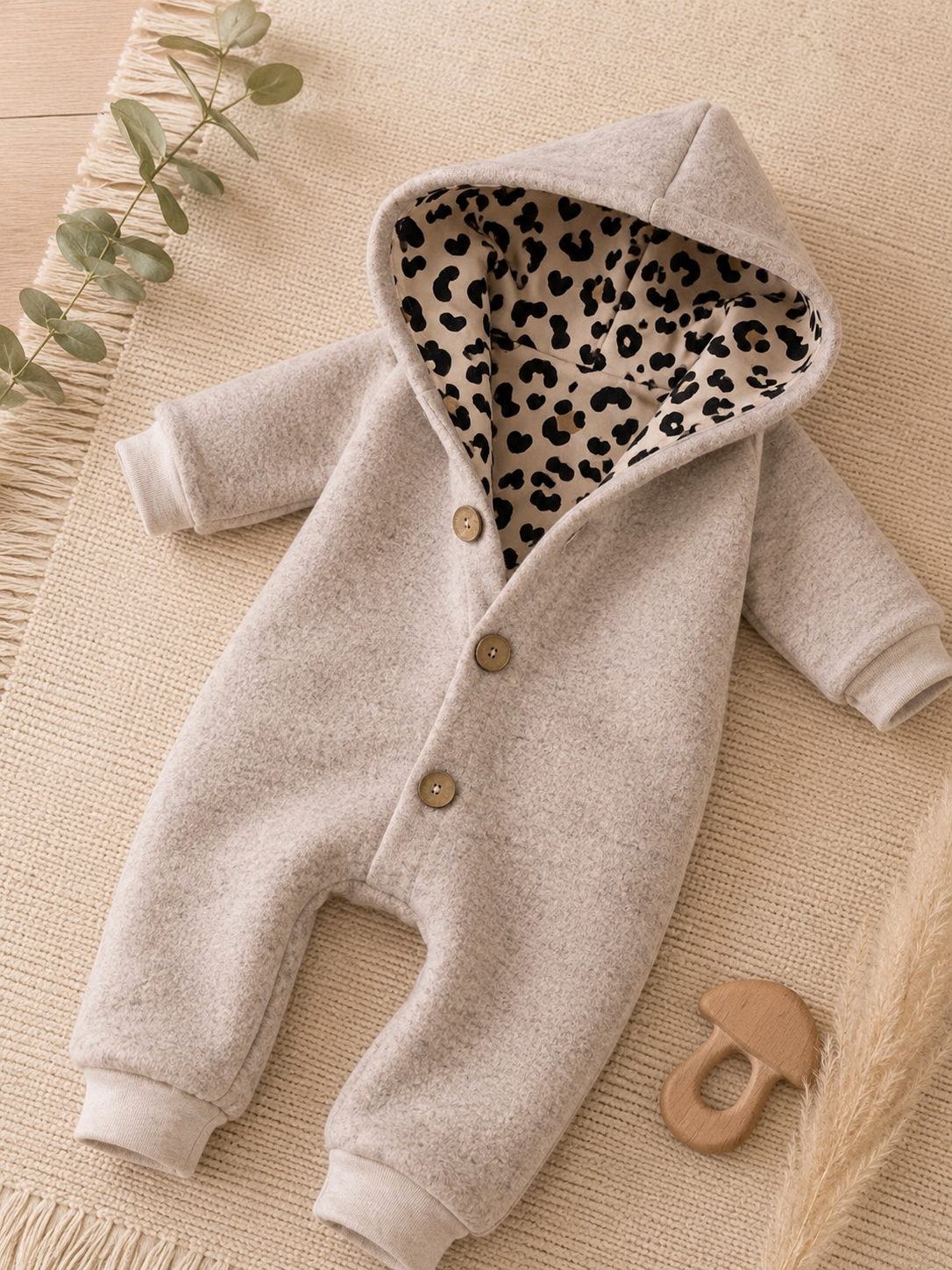 Walk Overall mit Kaputze - kuscheliger Einteiler mit Leo-Innenfutter beige