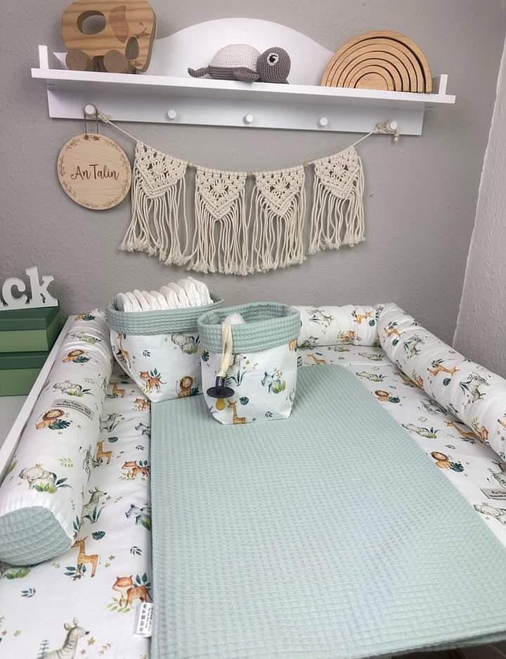 Wickelauflagen-Set 5-tlg. Safari Liebe in Mintgrün, aus Waffelpique, für Babys und Kinder, von AnTalin
