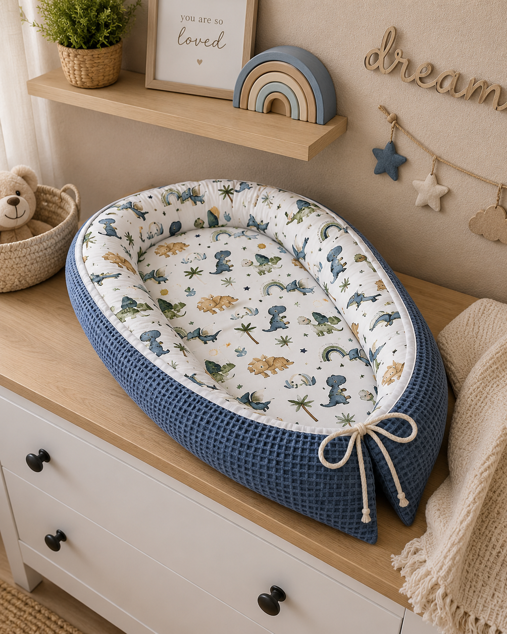 Kleines Dino-Nestchen von AnTalin, weiche Polsterung für Babyschutz im Kinderbett, mit bunten Dino-Motiven.