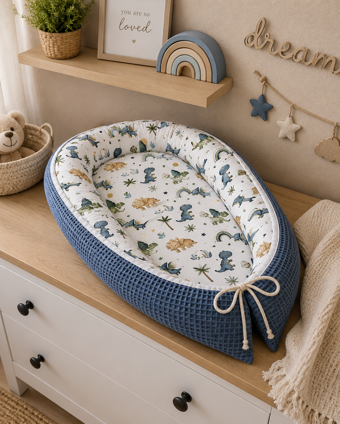 Kleines Dino-Nestchen von AnTalin, weiche Polsterung für Babyschutz im Kinderbett, mit bunten Dino-Motiven.