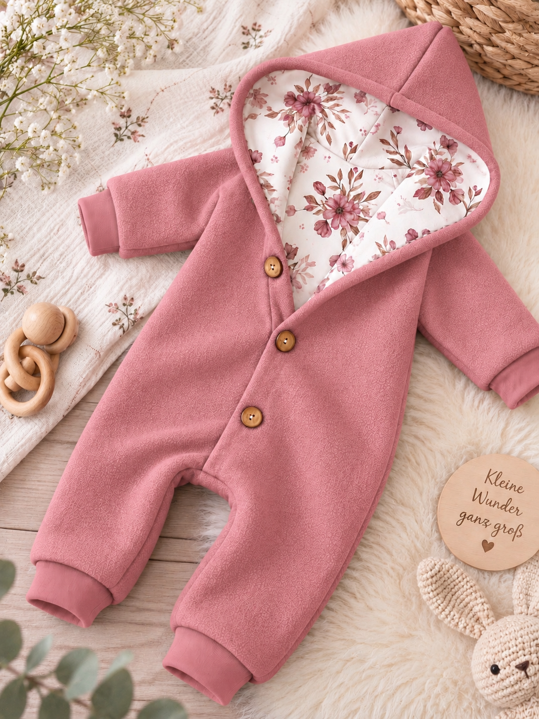 Walk Overall Winterrose mit Kaputze - kuscheliger Einteiler mit Blumendesign