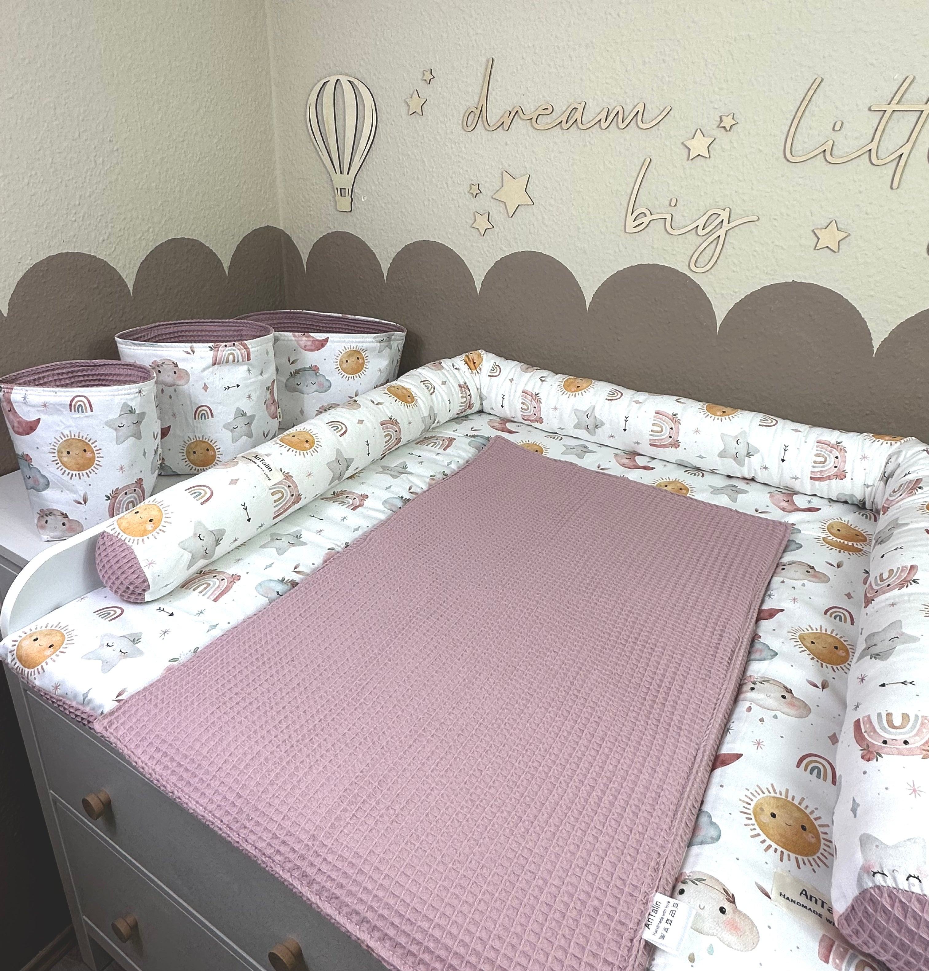 Wickelauflage Boho Baby Girl von AnTalin, waffelpique altrosa, weiche Oberfläche für Neugeborene und Kleinkinder