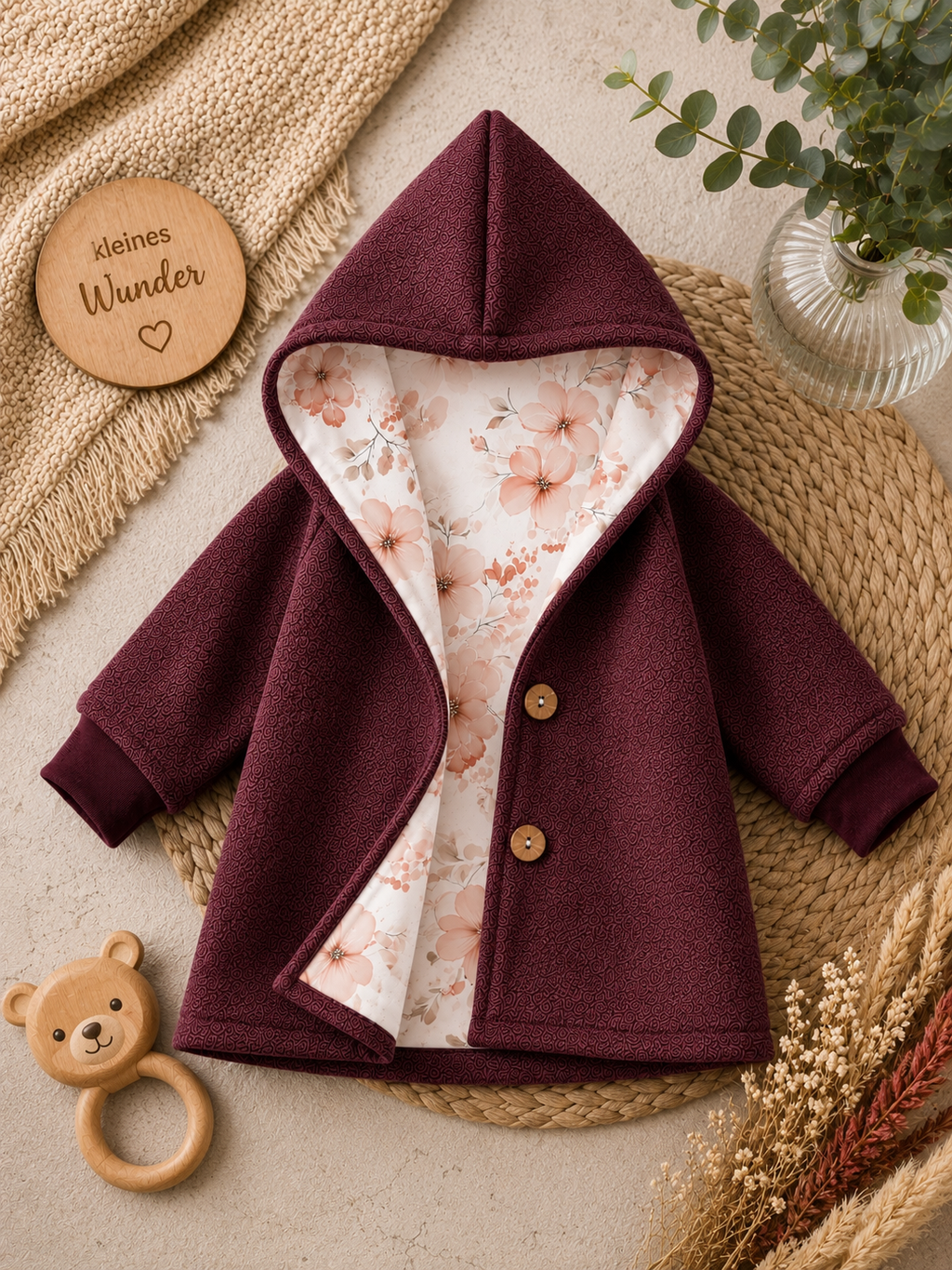 Walkjacke  mit Kaputze - gefütterte Walk-Jacke mit floralem Innenfutter Zauberblüte