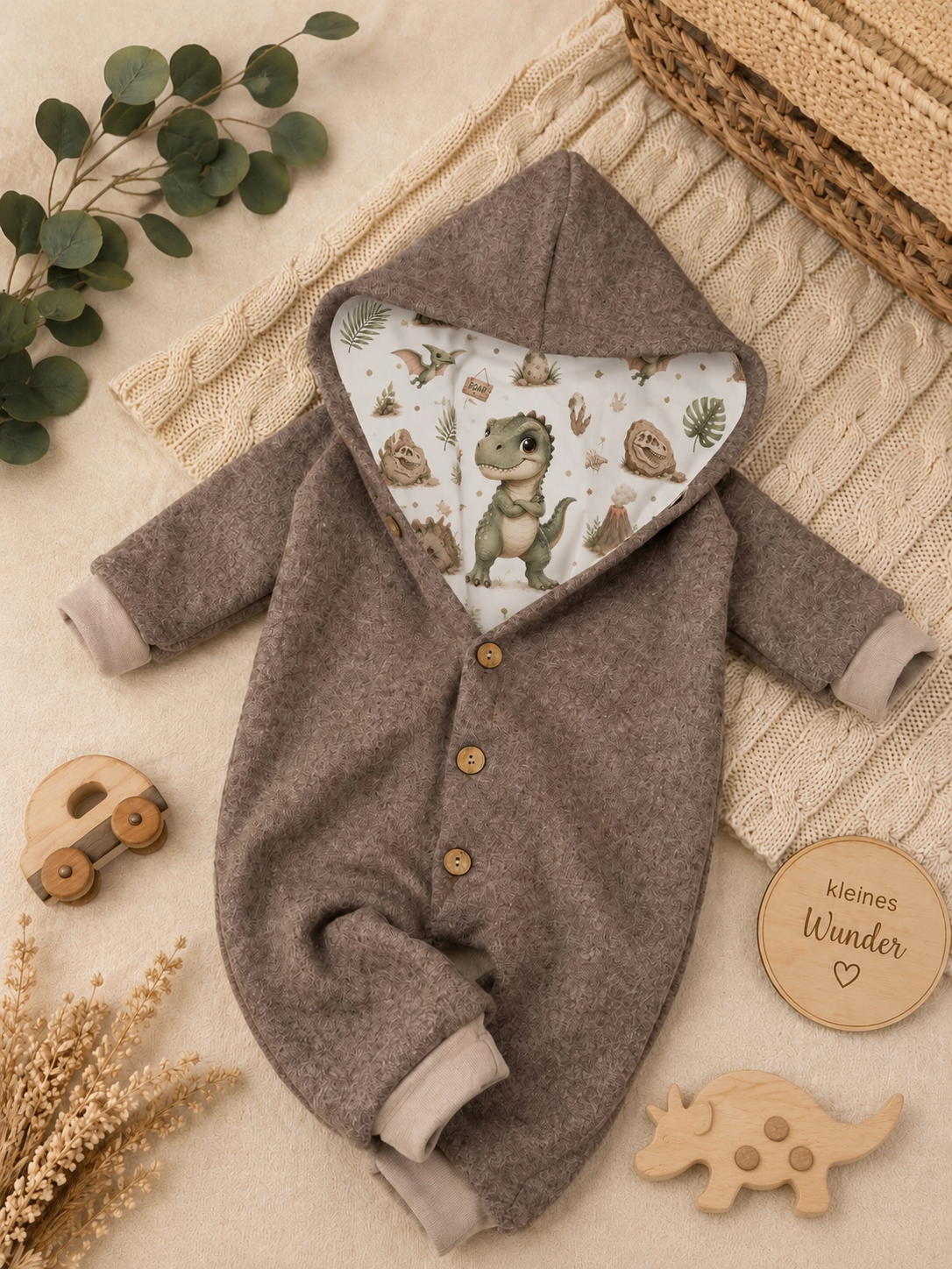 Walk Overall mit Kaputze - kuscheliger Einteiler mit Dino-Design
