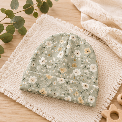 Weiche Baby-Mütze von AnTalin mit zartem Salbeiblüten-Muster, perfekt für empfindliche Babyhaut, aus weichem Material.