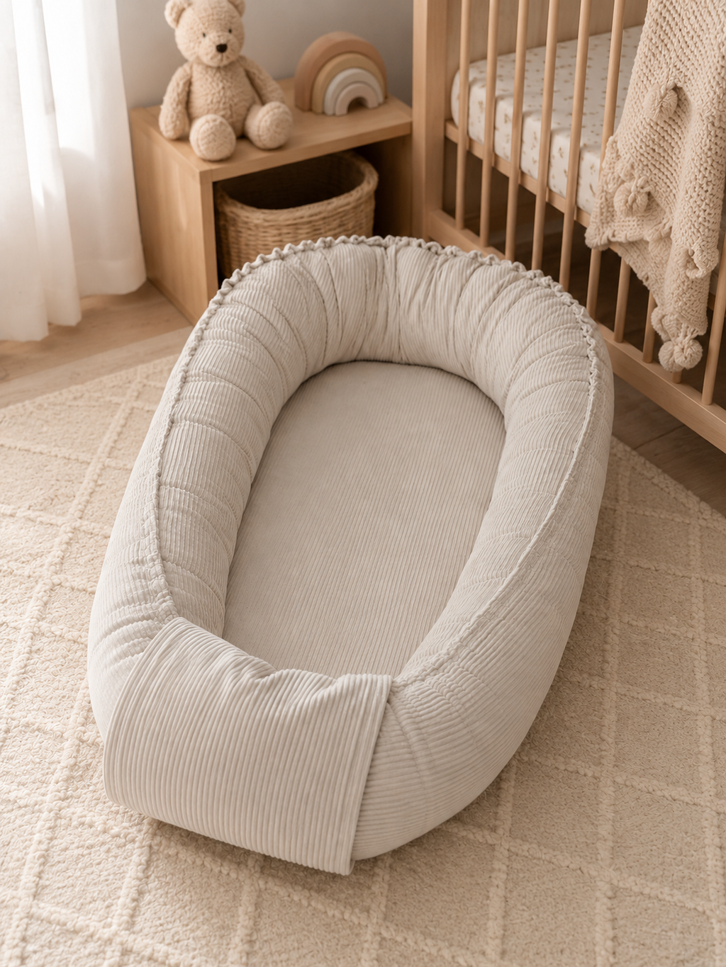 Beigenes Babynest mit Kordelabdeckung von AnTalin, weiches Nestchen für Babys, zeigt die Kordel und die bequeme Ausstattung