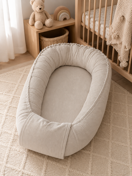 Beigenes Babynest mit Kordelabdeckung von AnTalin, weiches Nestchen für Babys, zeigt die Kordel und die bequeme Ausstattung