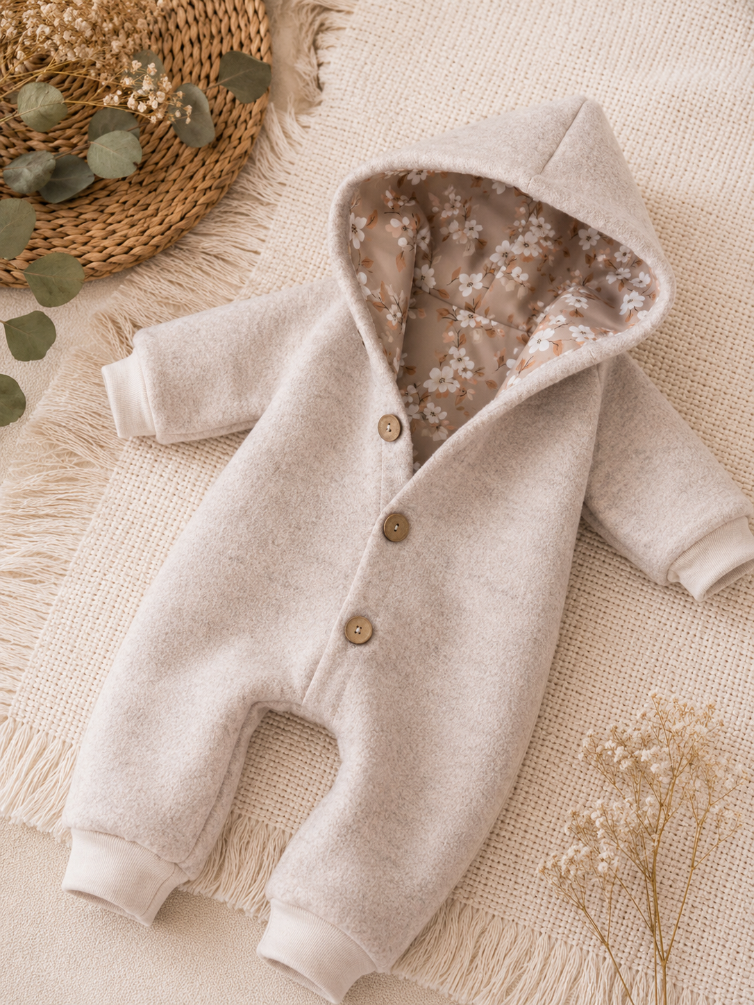 Walk Overall mit Kaputze - kuscheliger Einteiler mit floralem Innenfutter Vintage Blossom