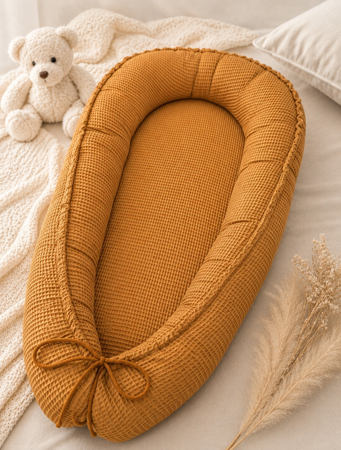 Weiches Nestchen Waffelpique Uni von AnTalin in neutralem Farbton, schützt und umgibt das Baby im Bett.