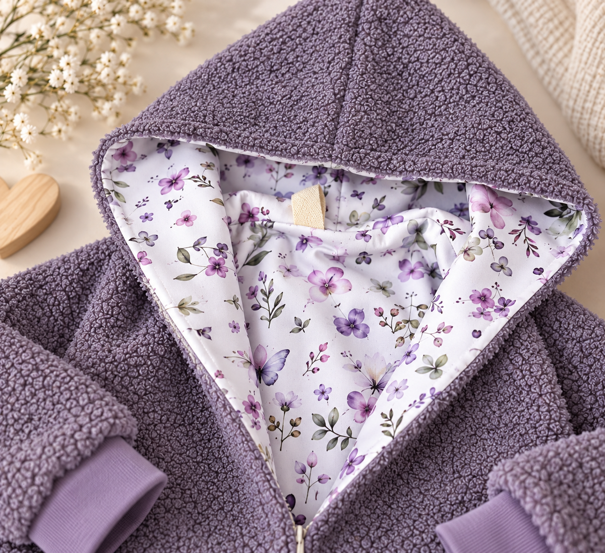 Boucle Jacke mit Kaputze, Lavendelblüte