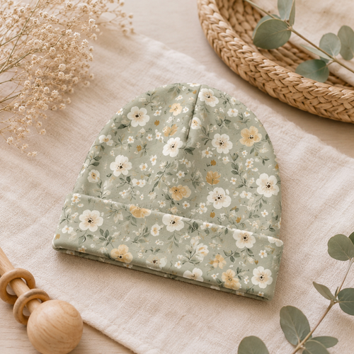 Weiche Baby Mütze Salbeiblüte von AnTalin mit zartem Blumenmuster, ideal für empfindliche Babyhäupter, aus weichem Stoff.