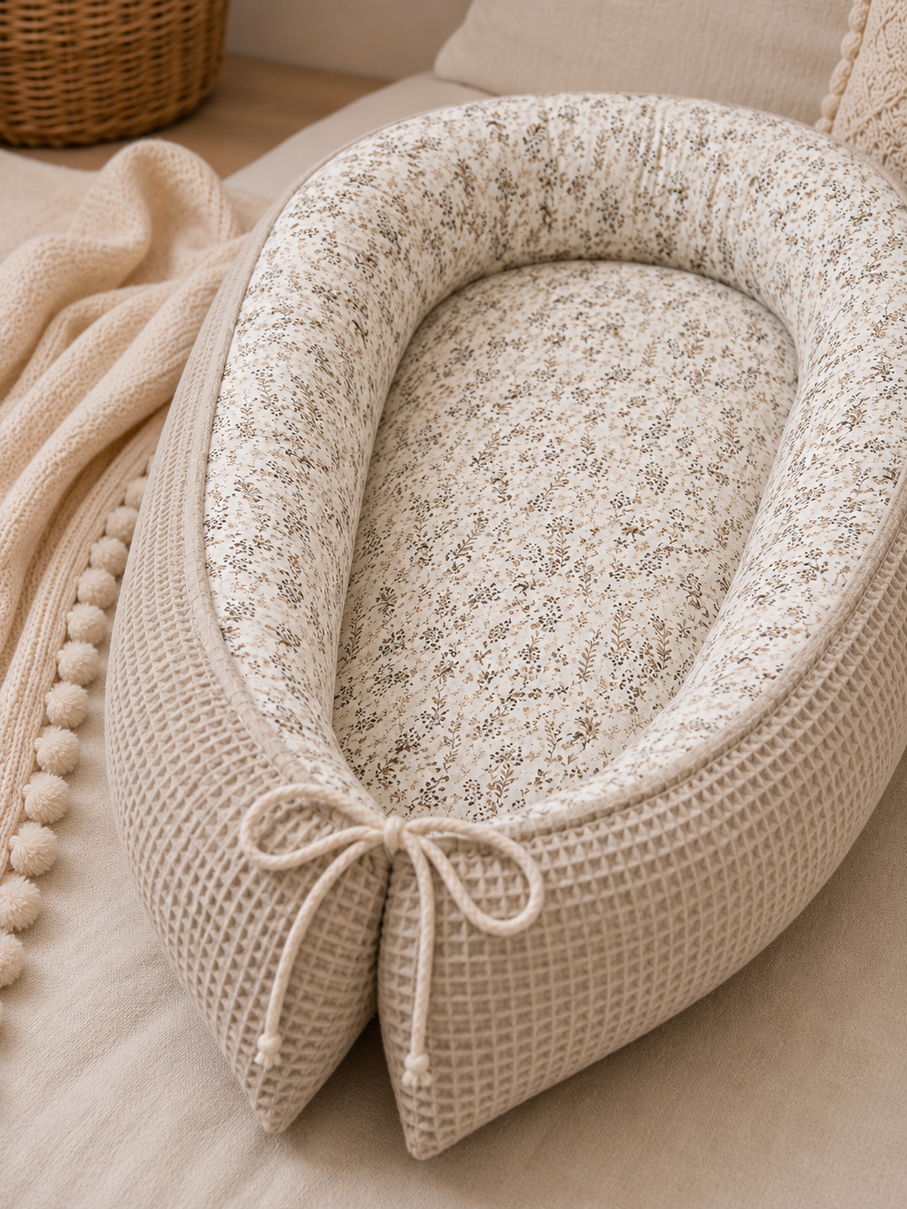 Nestchen von AnTalin mit Gräsermuster, weiche und sichere Babynestchen für unterwegs und zuhause.