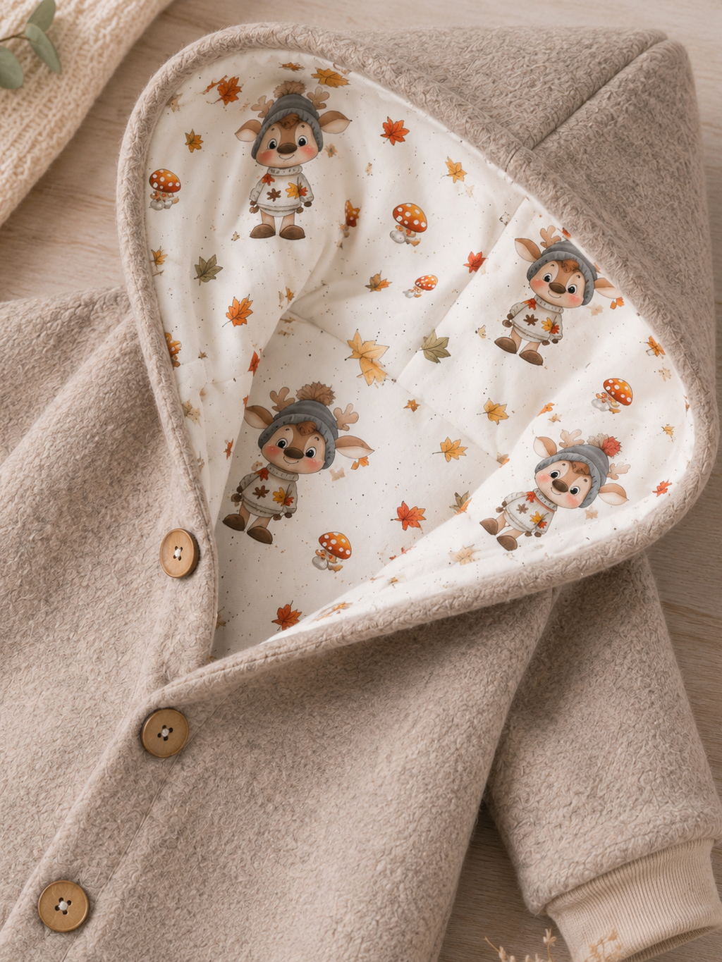Walk Overall mit Kaputze in beige- kuscheliger Einteiler mit Reh-Innenfutter
