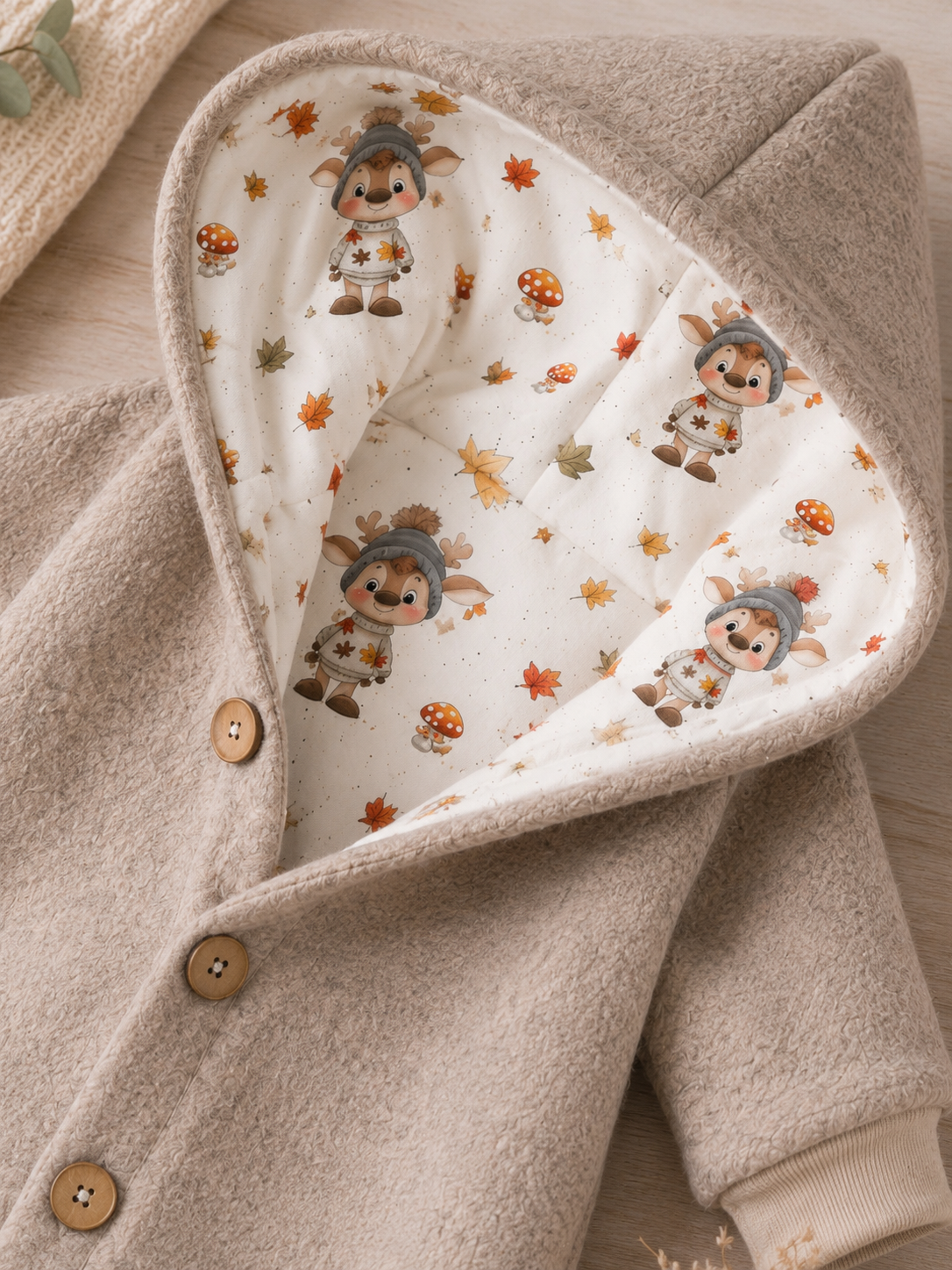 Walk Overall mit Kaputze in beige- kuscheliger Einteiler mit Reh-Innenfutter