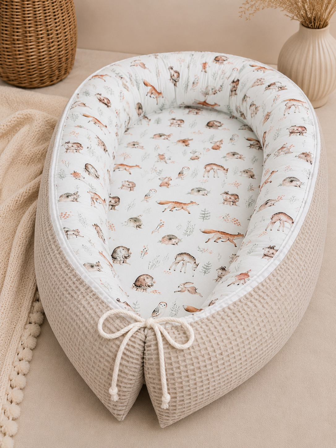 Weiches Nestchen Animals von AnTalin mit bunten Tiermotiven, ideal für die sichere Babybettumrandung und den Schutz vor Stößen