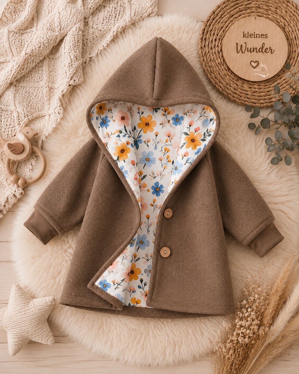Walkjacke  mit Kaputze - gefütterte Walk-Jacke mit floralem Innenfutter Wildblumen