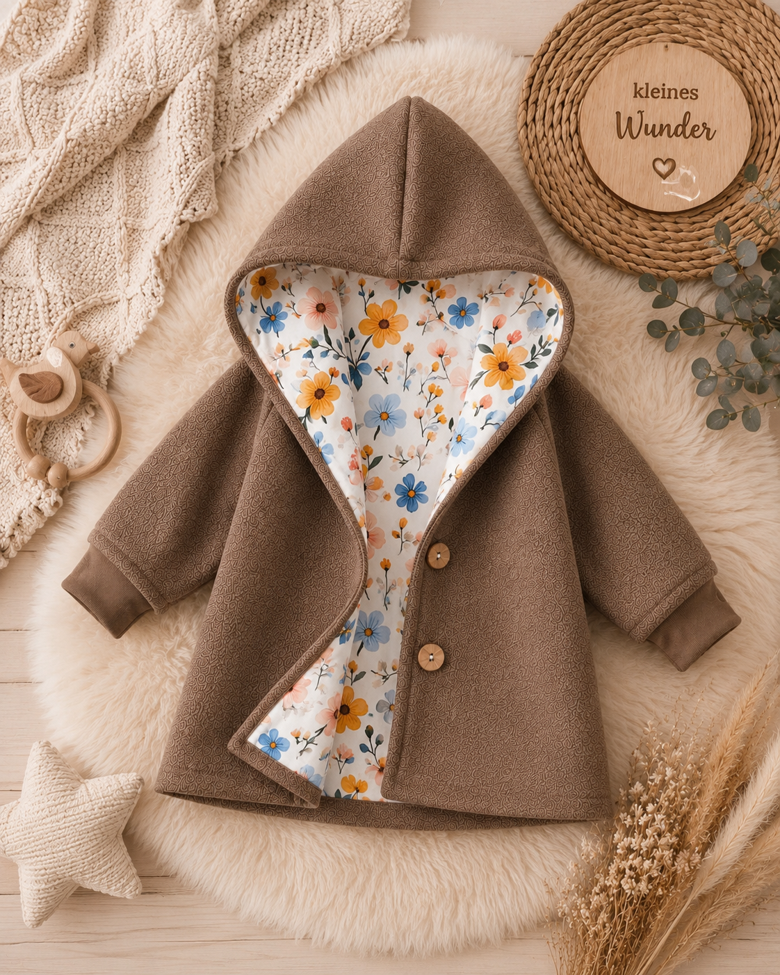 Walkjacke  mit Kaputze - gefütterte Walk-Jacke mit floralem Innenfutter Wildblumen