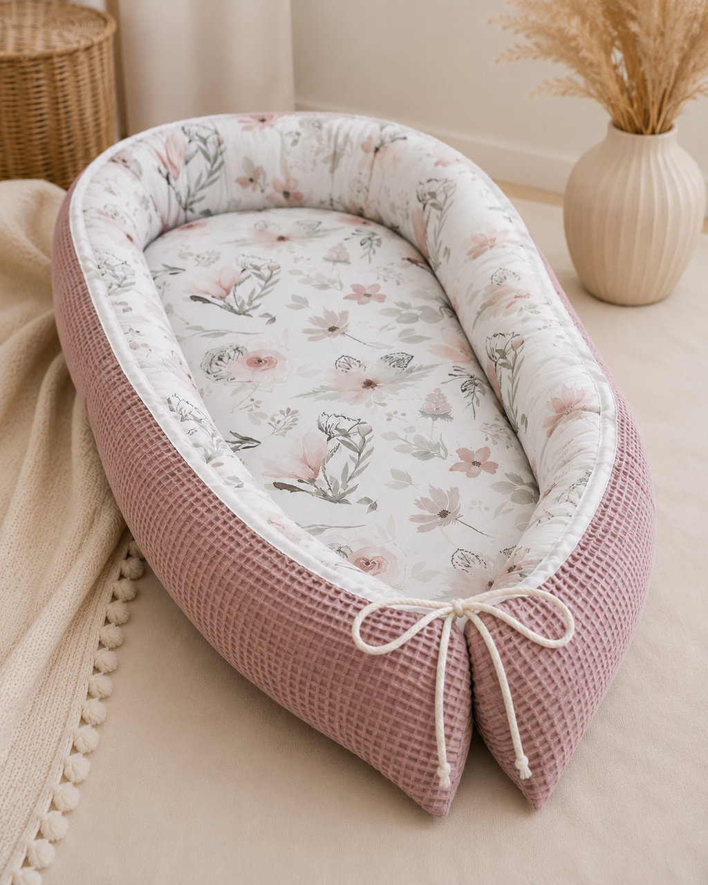 Nestchen Magnolie von AnTalin mit Blumenmuster, weiches Stoff, zum Schutz im Babybett, in hellen Farben.