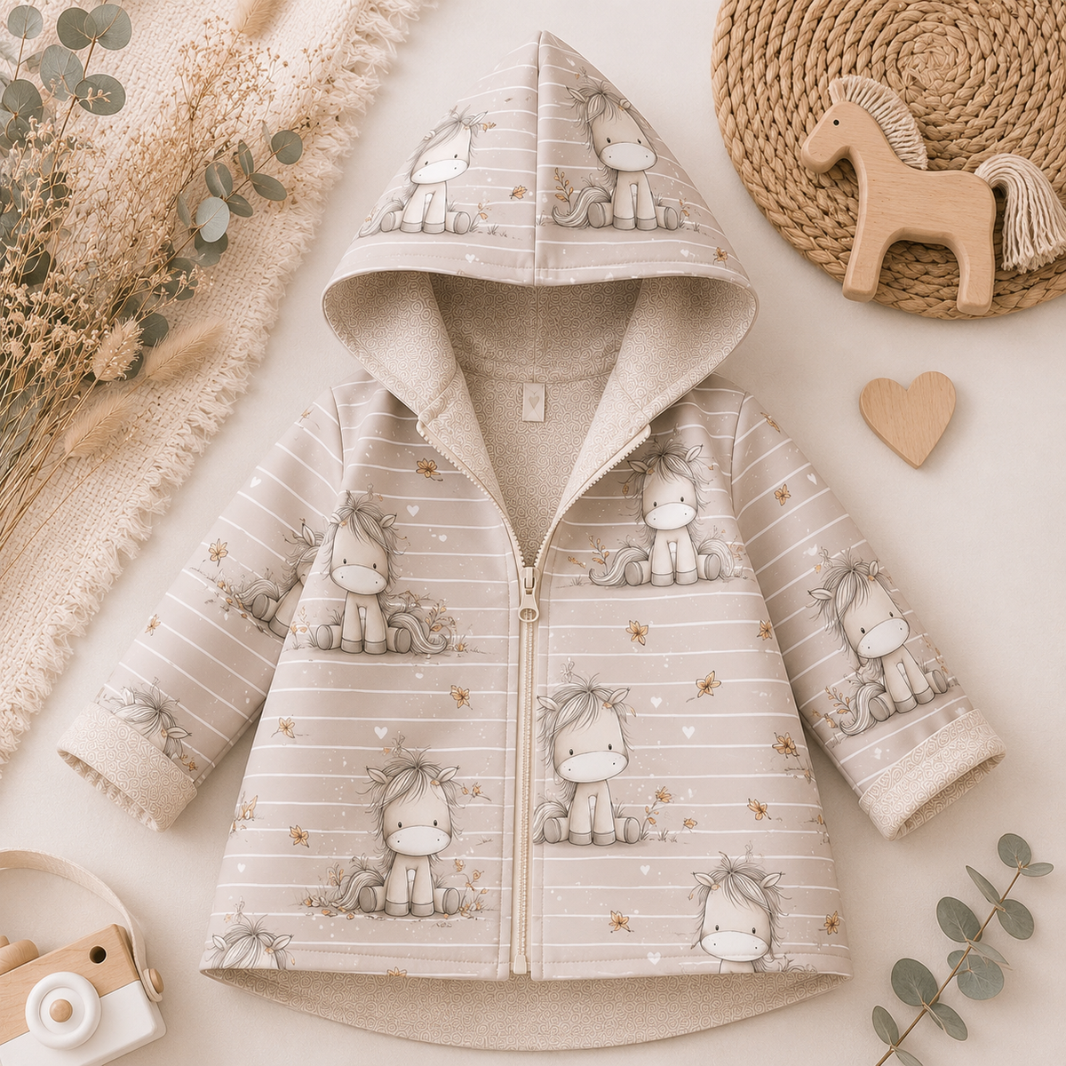 Kinder-Softshelljacke mit Kapuze von AnTalin, bunt mit Ponymuster, weiche und wasserabweisende Jacke für Kinder.