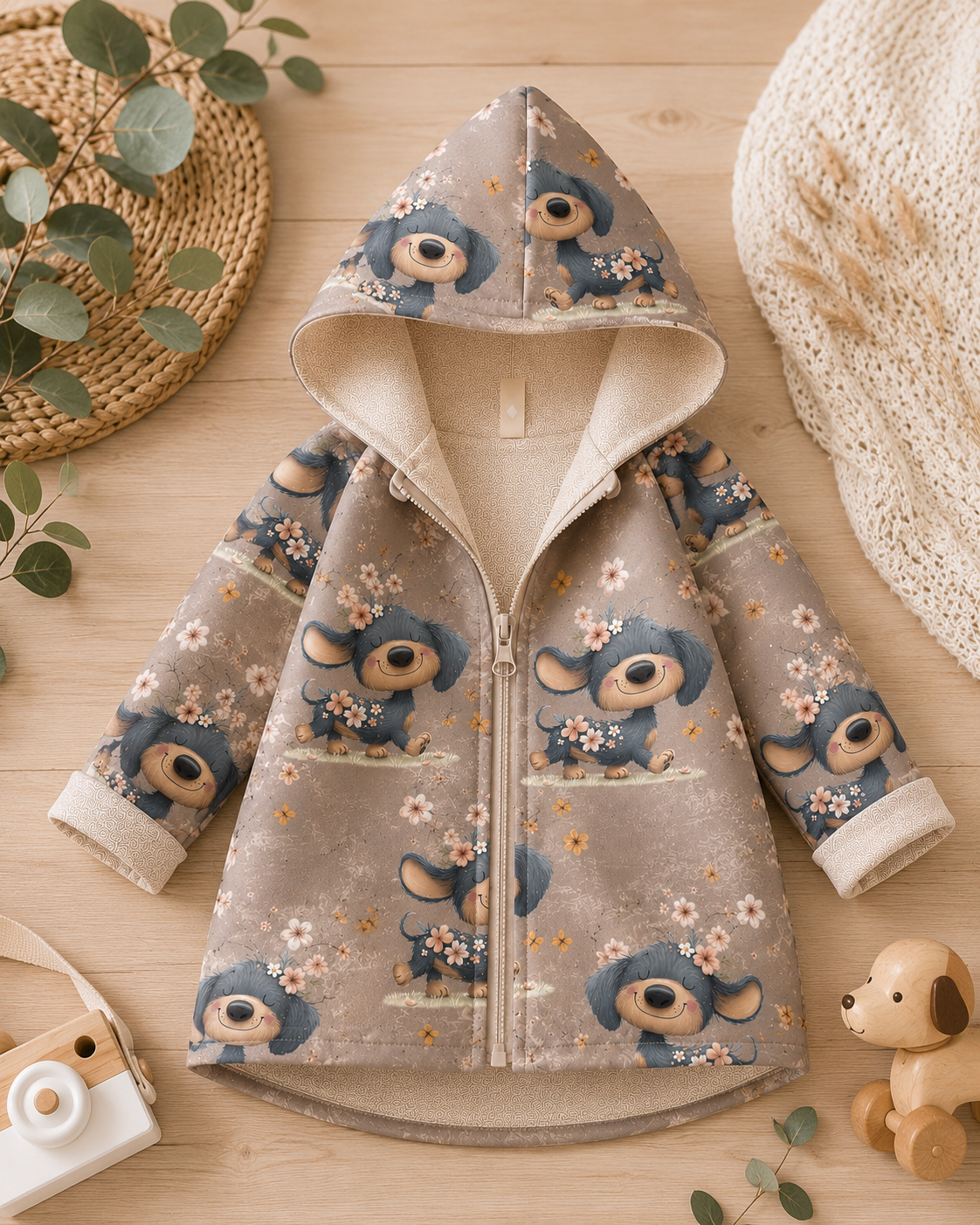 Kinder-Softshelljacke mit Kapuze von AnTalin, Dackelfreund-Design, langlebiges Material, ideal für den Frühling und Herbst.