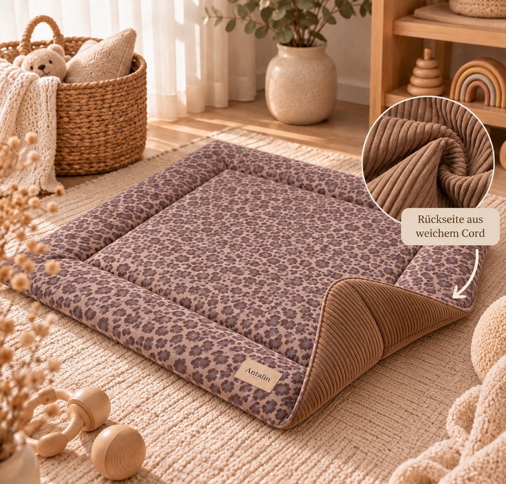 Krabbeldecke Leo Taupe - weiche Baby Krabbeldecke mit Leomuster