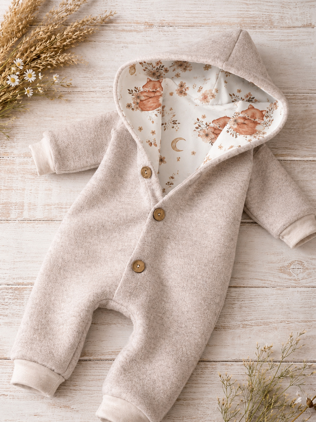Walk Overall Boho Fox mit Kaputze - kuscheliger Einteiler mit Fuchs-Motiv