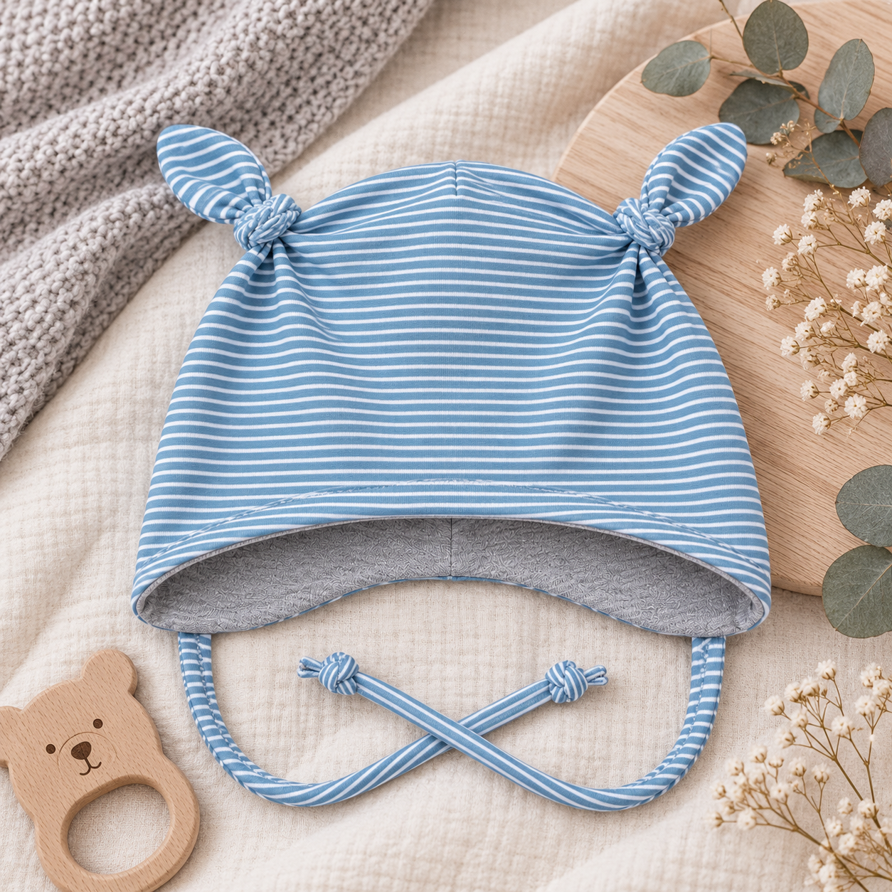 Ohrenmütze mit kuscheligem Fleece - handgemacht & gemütlich streifen blau