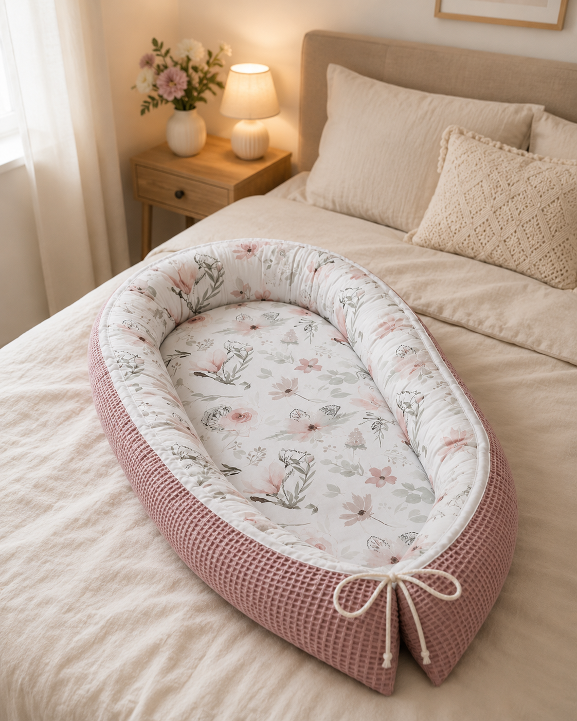 Weiches Nestchen Magnolie von AnTalin mit floralem Muster, ideal für Babybett und sicheren Schutz.