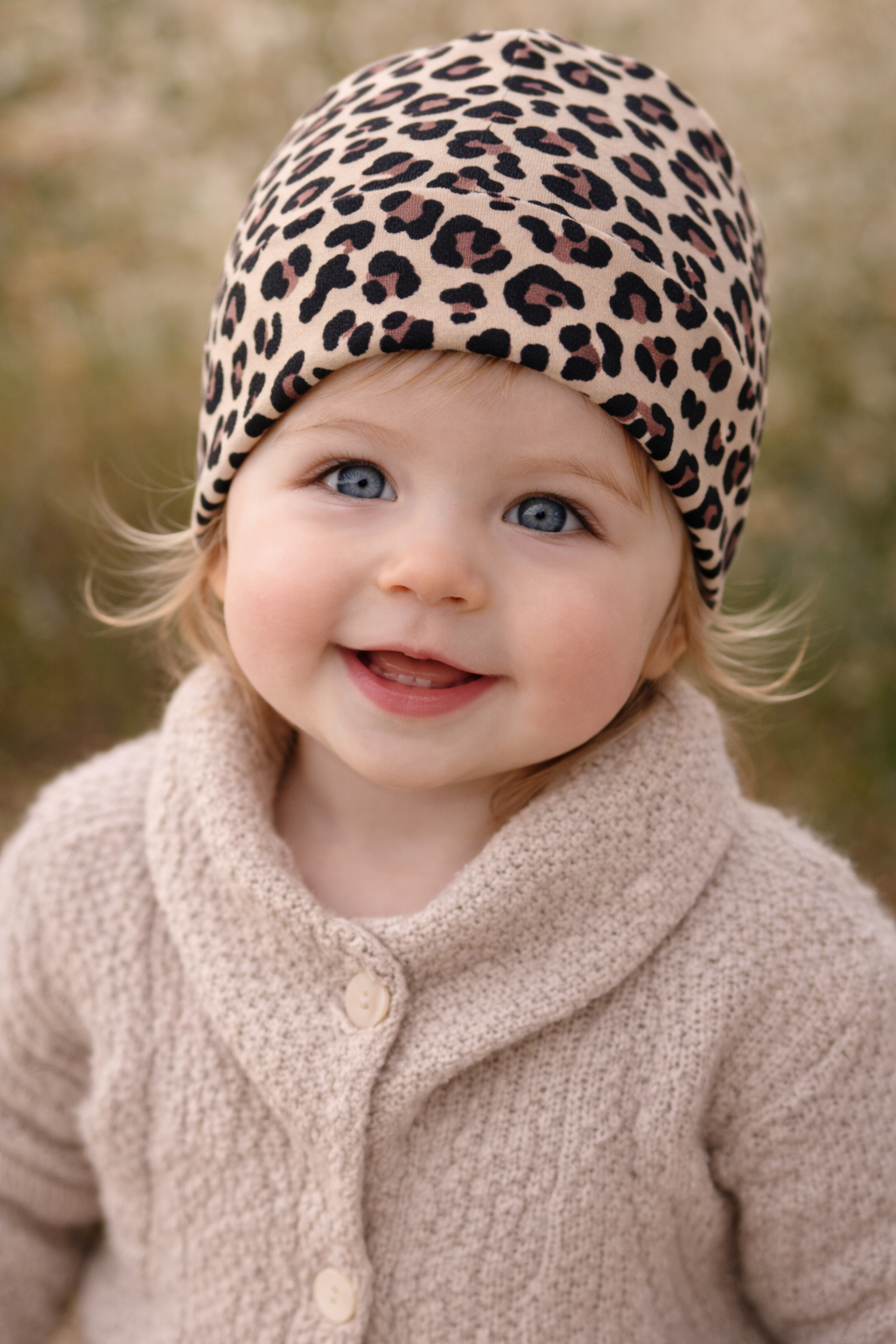 Beige Beanie Mütze von AnTalin mit Leo-Muster, weiches Strickdesign, ideal für kalte Tage, modischer Winterhut