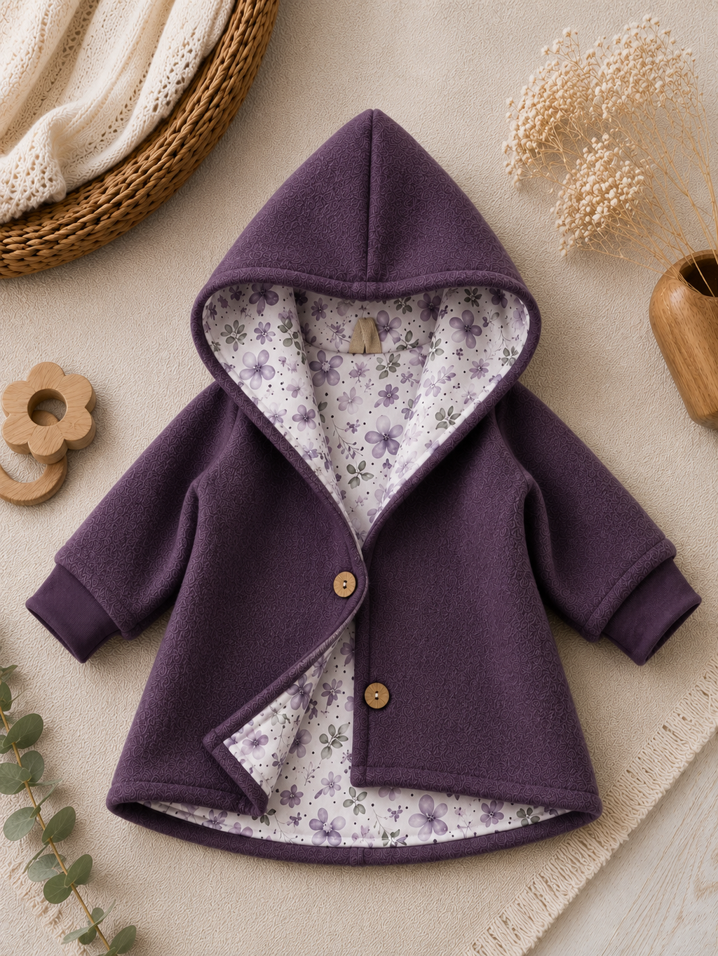 Walkjacke  mit Kaputze - gefütterte Walk-Jacke mit floralem Innenfutter Lavendelwiese