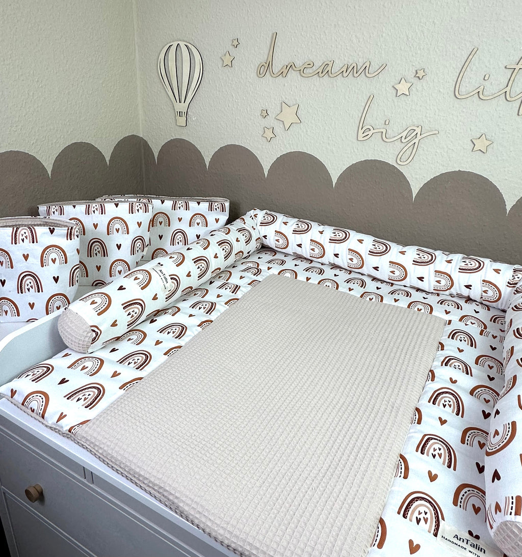 Wickelauflagen-Set 5-tlg. Regenbogen beige mit Waffelpique, hellbeige, für Babywickelstation, von AnTalin