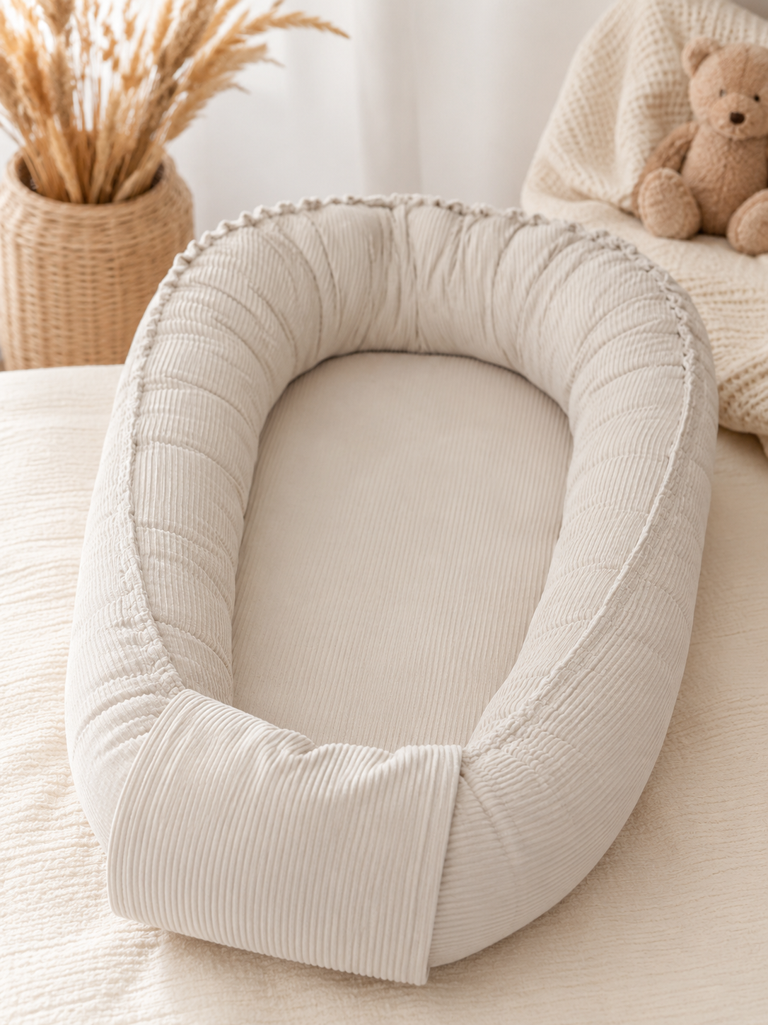 Babynest Cord beige von AnTalin mit Kordelabdeckung, weiches Nestchen für sicheren und komfortablen Babyschlaf