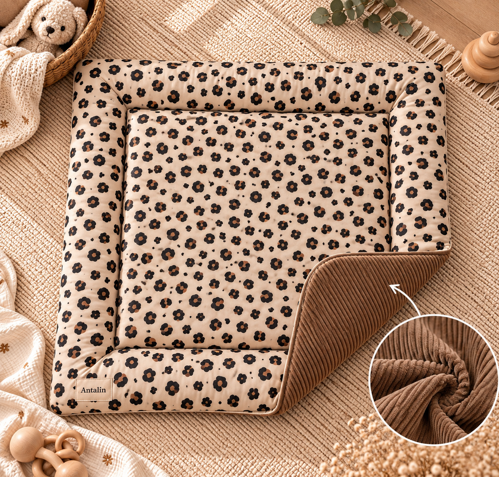 Krabbeldecke Leo Beige - weiche Baby Krabbeldecke mit Leomuster