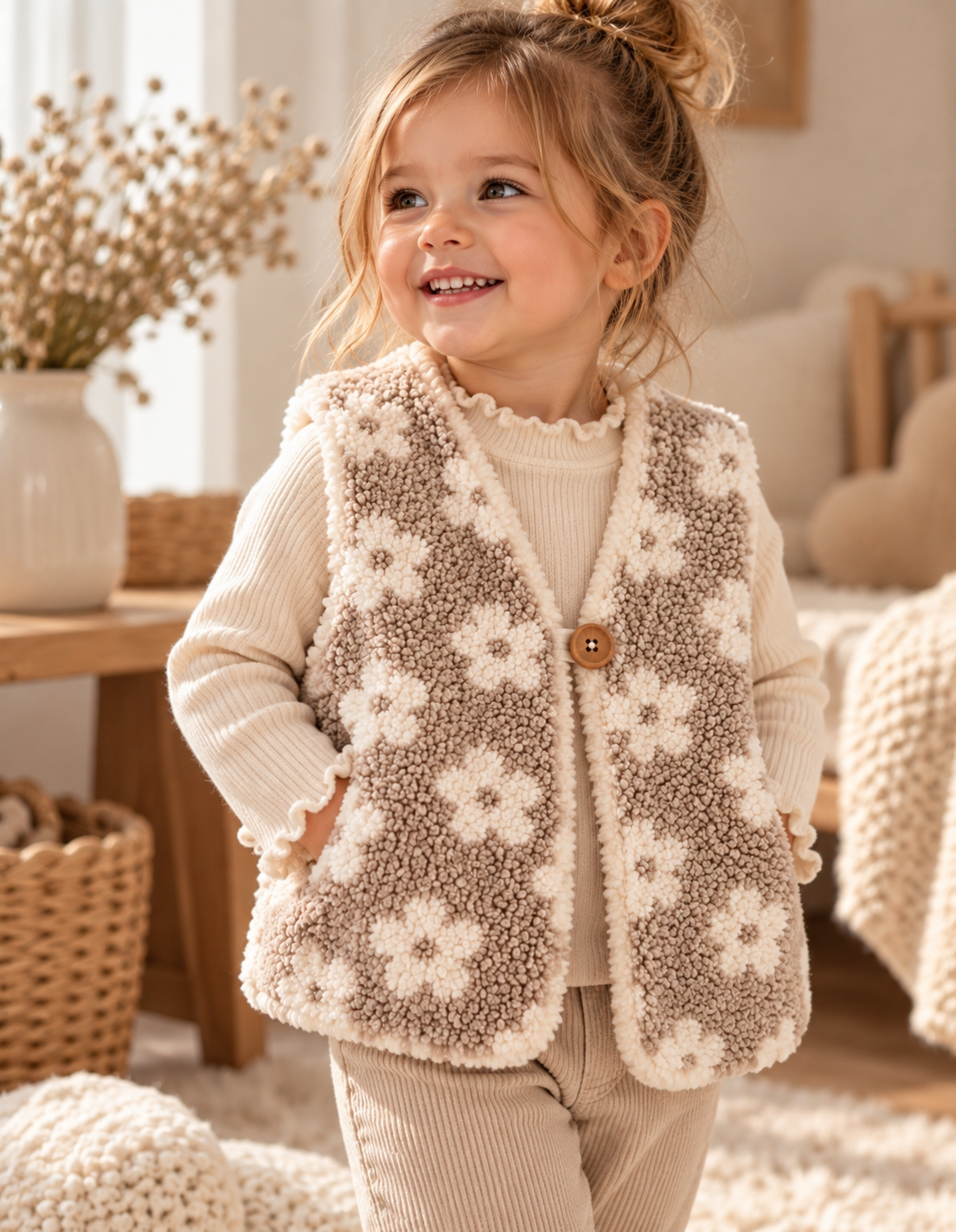 Kuschelige Teddyweste mit Blumen- Kinderweste in Taupe
