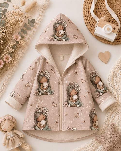 Kinder Softshelljacke mit Kapuze von AnTalin, mit Katzenmuster, ideal für Kinder, wasserabweisend und bequem.
