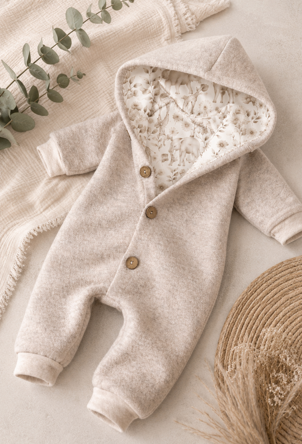 Walk Overall mit Kaputze in beige- kuscheliger Einteiler mit Safari-Innenfutter