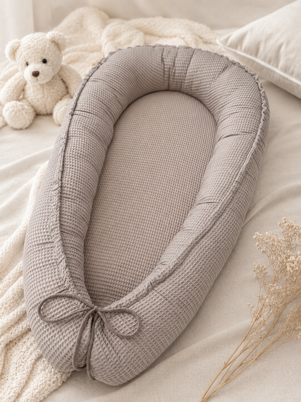 Weiches Nestchen Waffelpique Uni von AnTalin in heller Farbe, mit gepolsterten Rändern für sicheren Babyschutz im Bett.