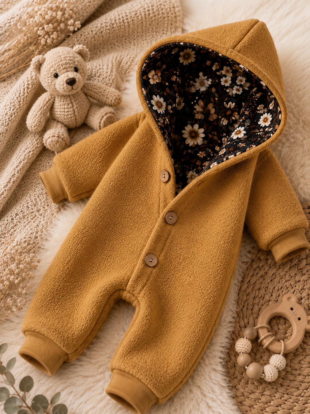 Walk Overall Midnight Meadow mit Kaputze - kuscheliger Einteiler mit floralem Innenfutter