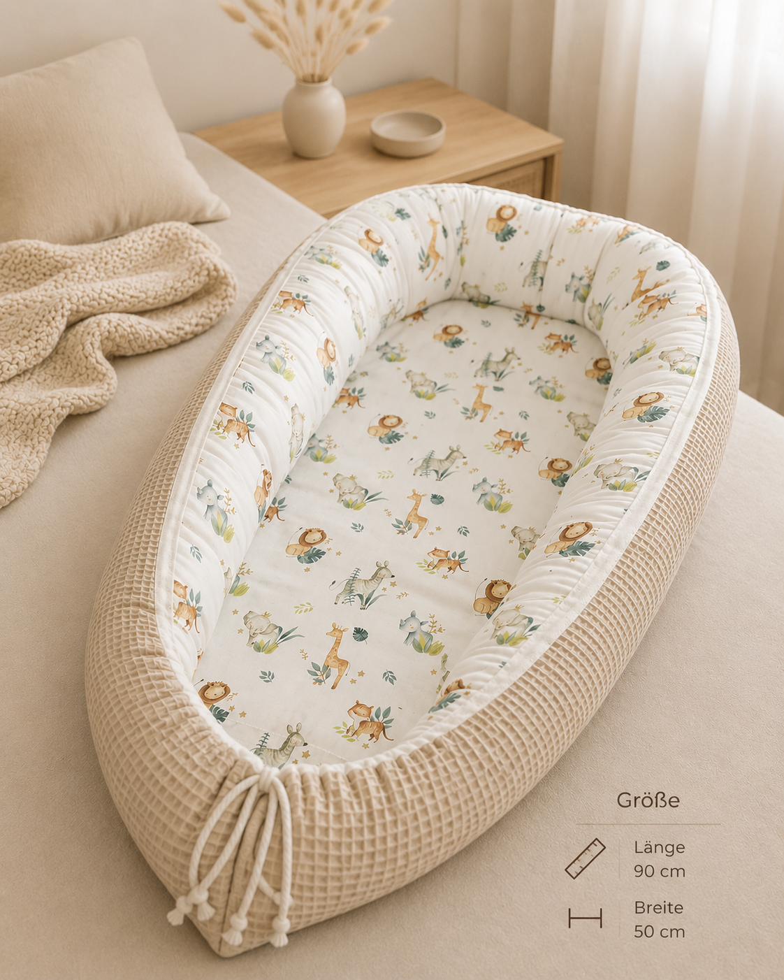 Nestchen Safari Liebe von AnTalin, weiches Baby-Nestchen mit Safari-Motiv für sicheren und bequemen Babyschlaf